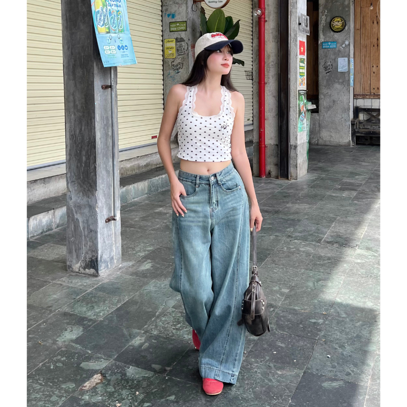 Quần Jeans nữ form dáng ống rộng có viền sọc giữa phong cách basic Hàn Quốc | BigBuy360 - bigbuy360.vn