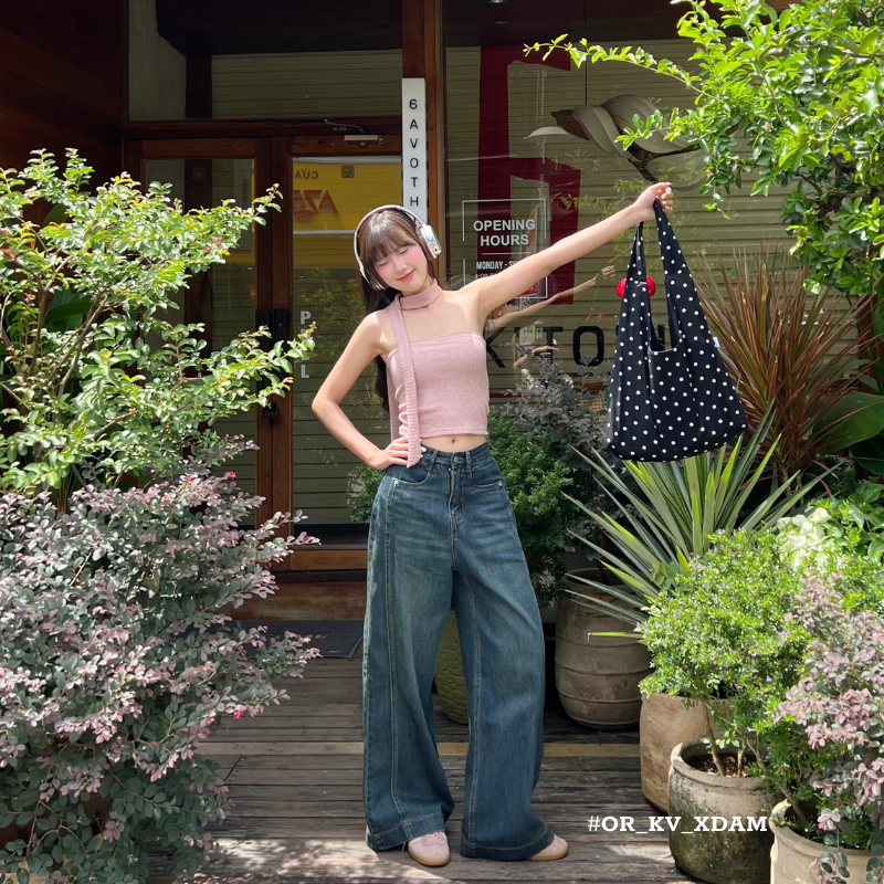 Quần Jeans nữ form dáng ống rộng có viền sọc giữa phong cách basic Hàn Quốc | BigBuy360 - bigbuy360.vn