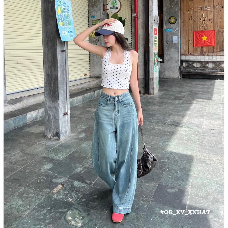 Quần Jeans nữ form dáng ống rộng có viền sọc giữa phong cách basic Hàn Quốc | BigBuy360 - bigbuy360.vn