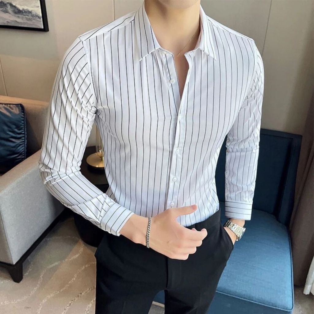 Áo Sơ Mi Kẻ Sọc Nam SHOPMESTORE Chất Lụa Chống Nhăn,Áo Sơ Mi Kẻ Sọc Dài Tay Chất Vài Mềm Mại Co Giãn