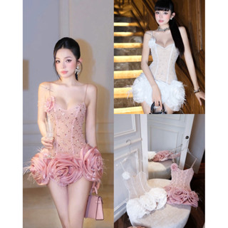 Đầm Ren Lưới Dây Ánh Kim Sa Cao Cấp Tùng Váy Hoa 3D Thủ Công Đính Lông Vũ Cao Cấp Sang Trọng