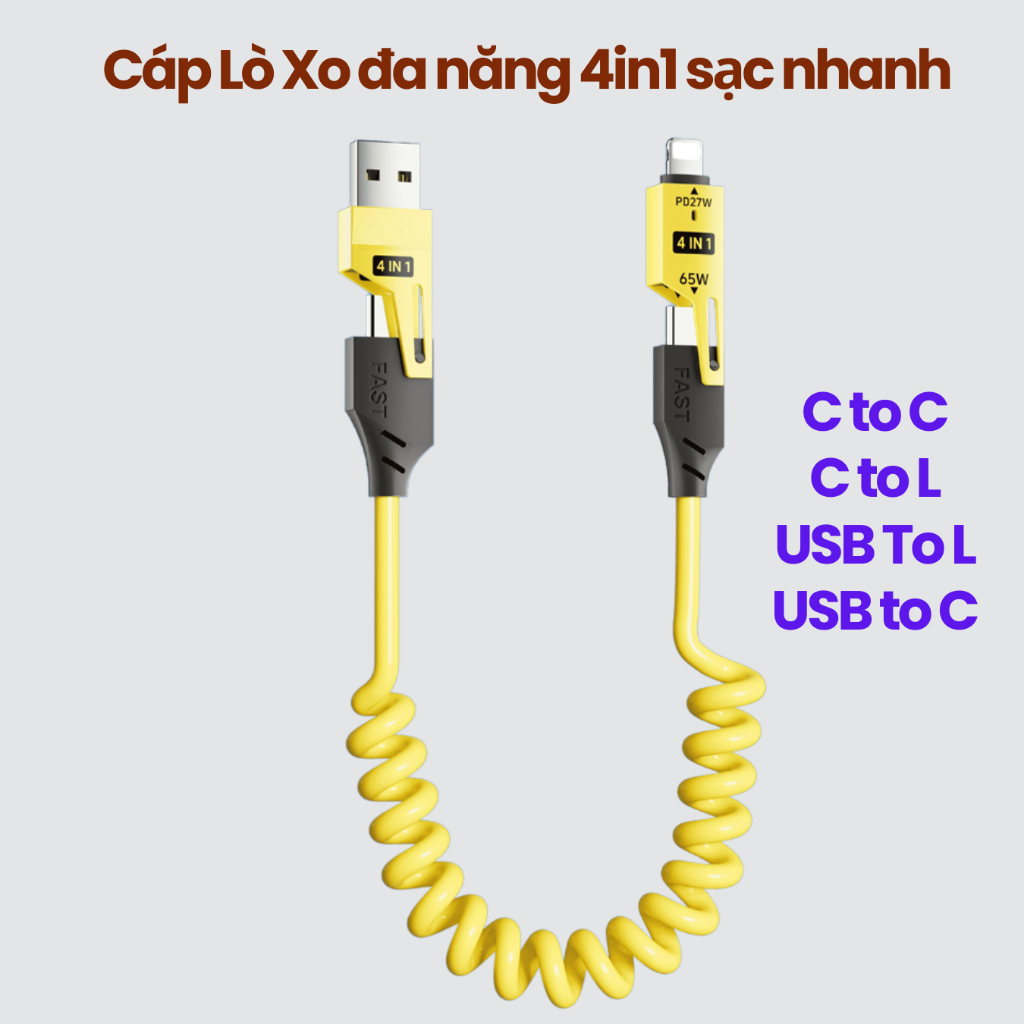 Cáp Sạc Lò Xo Sạc Nhanh Đa Năng 4IN1, Sạc Nhanh 65W, Kéo Dài 1M, Cáp USB, Type C, Chống Gãy Rối