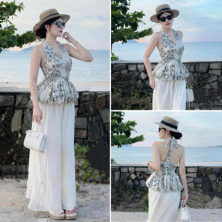 [CÓ MÚT/ SẴN] Set Áo Yếm Hở Lưng Họa Tiết Kèm Quần Suông 2 Lớp Đi Biển Siêu Xinh MS93