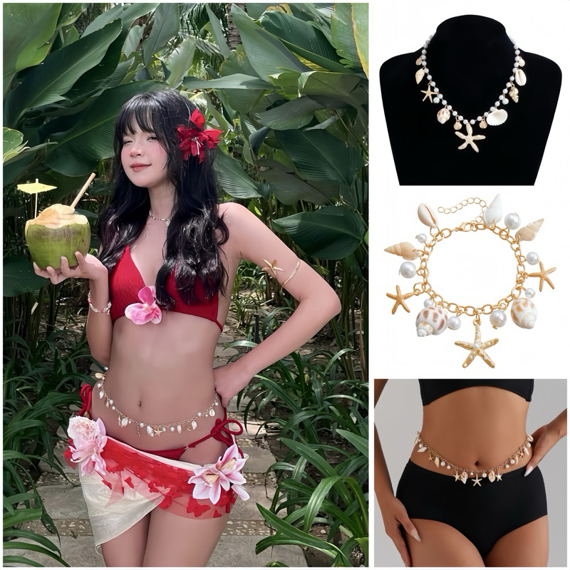 Dây chuyền eo vỏ sò bãi biển mùa hè Bohemian dây chuyền vỏ sò sao biển ngọc trai giả Châu Âu ponny