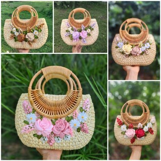  Túi cói lục bình bầu đính hoa thêu ruy băng-túi xách tay nữ đi chơi đi tiệc-kho sỉ túi cói lục bình 