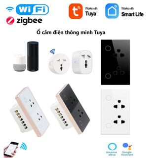 Ổ Cắm Điện Thông Minh Tuya Wifi / Zigbee Mặt Kính Cường Lực Hình Chữ nhật / Vuông, Không viền / Viền Vàng / Ổ cắm 3 Chấu