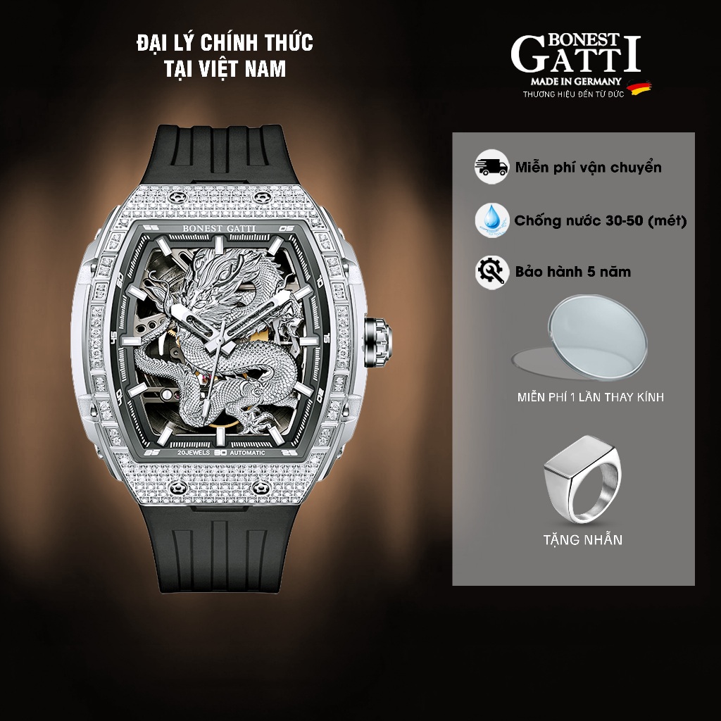 Đồng hồ Nam BONEST GATTI BG5605 Đính Đá Dây Silicone | Tặng 1 chiếc nhẫn & Tặng 1 lần thay kính