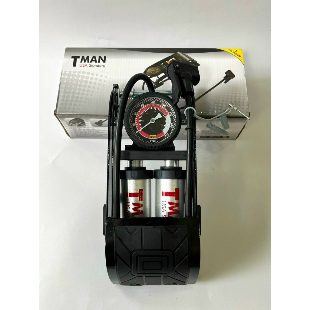 bơm hơi đạp chân T-MAN bơm lốp bánh xe đạp, xe máy có đồng hồ 2 xi lanh, 2 ống bơm Piston chính hãng