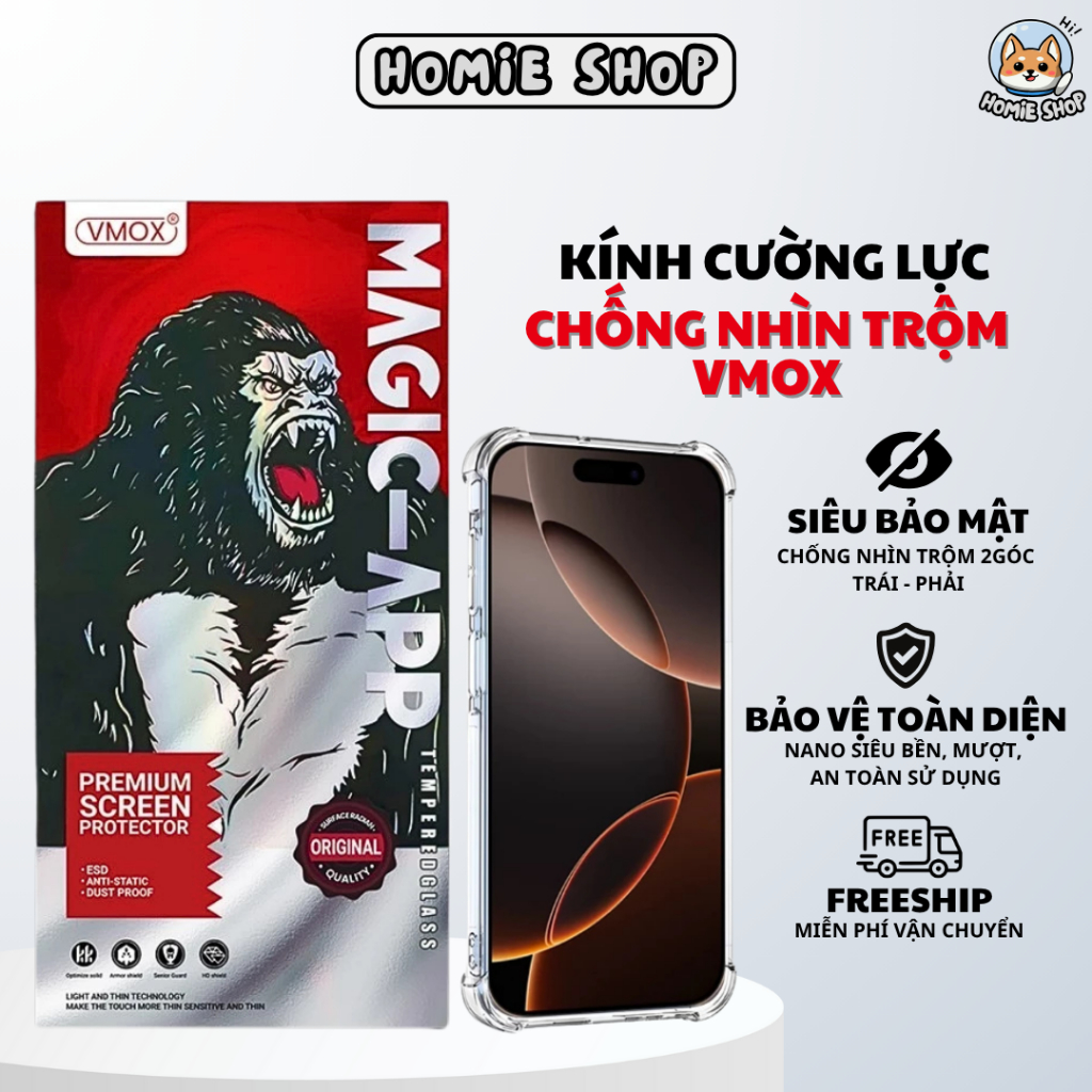 [NEW] Kính Cường Lực IP VMOX, Cường Lực iP Chống Nhìn Trộm Khung Tự Dán Tự Hút Bụi Chống Bám Vân Tay
