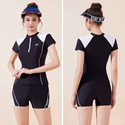 Set đồ bơi nữ hai mảnh BIKINI PASSPORT kiểu áo tay ngắn có khóa và quần short kín đáo, bigsize - Đen Trắng - BS1036_BL
