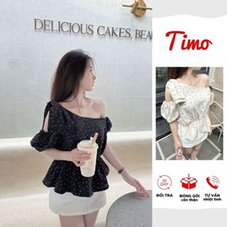  Áo kiểu nữ chấm bi Timo áo trễ vai tay bèo dáng xòe phong cách tiểu thư AOT033 