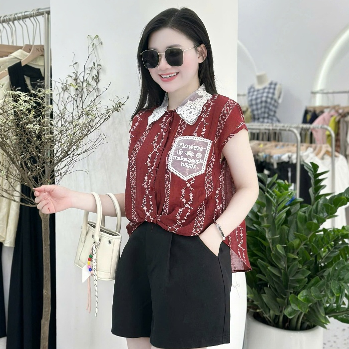 áo croptop kiểu, áo sơ mi nữ kiểu croptop, áo sơ mi nữ croptop tay ngắn, phối cổ, đắp túi cực xinh H