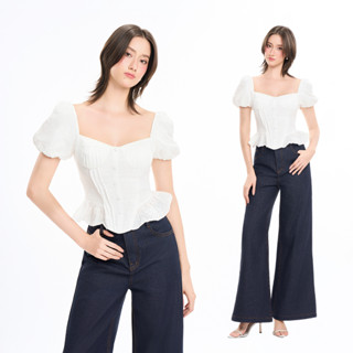 RECHIC Áo kiểu Yasmine tay bồng phối nút bọc cổ vuông trẻ trung năng động