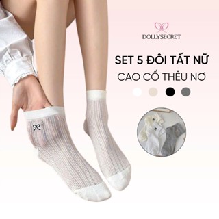 Set 5 Đôi Tất Nữ Cổ Ngắn DOLLY SECRET Tất Mỏng Thêu Nơ Mùa Hè Lưới Cotton Thoáng Khí T02