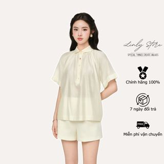 Áo sơ mi tơ thiết kế cổ sen dáng suông, áo kiểu nữ phối cúc tiểu thư Linly Store A-SM18