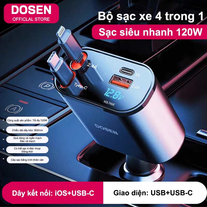 Dosen Sạc xe hơi 120W Bộ sạc nhanh 4 trong 1