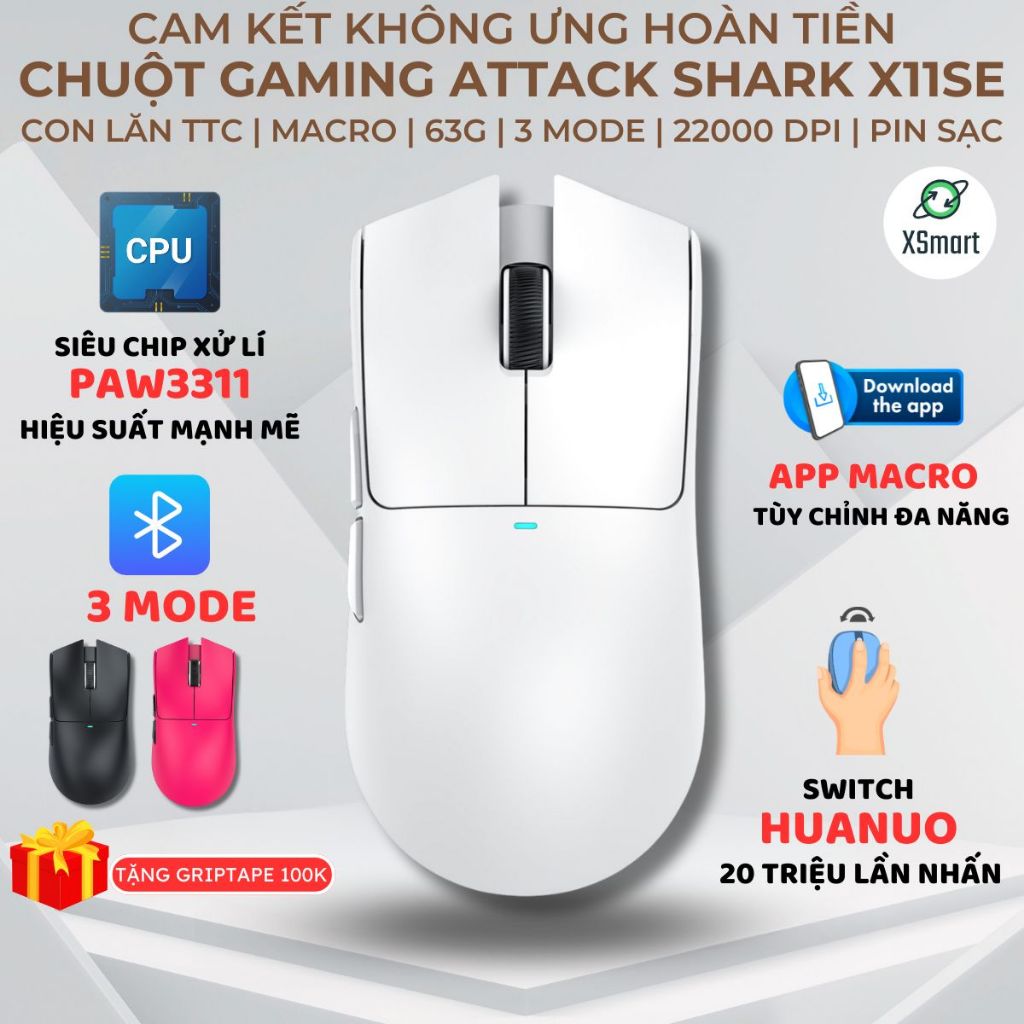 Chuột Gaming Không Dây Attack Shark X11SE 3 Mode Kết Nối Chip PAW3311 22000 DPI Pin Sạc Switch Huano | BigBuy360 - bigbuy360.vn