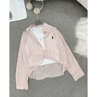 Áo Sơ Mi Nữ Croptop Kẻ Sọc Thêu Xinh Xắn Phong Cách Hàn Quốc