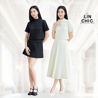Set áo kiểu croptop cổ vòm mix chân váy dài xoè và chân váy chữ A dáng ngắn tiểu thư Linly Store
