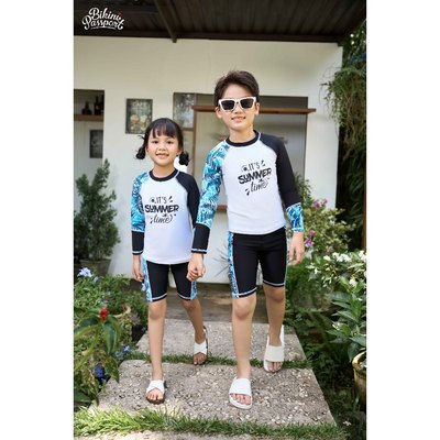 Đồ bơi trẻ em BIKINI PASSPORT kiểu Đồ bơi Unisex cho bé dạng quần lửng, áo có tay - màu Trắng họa tiết - KD046_WH