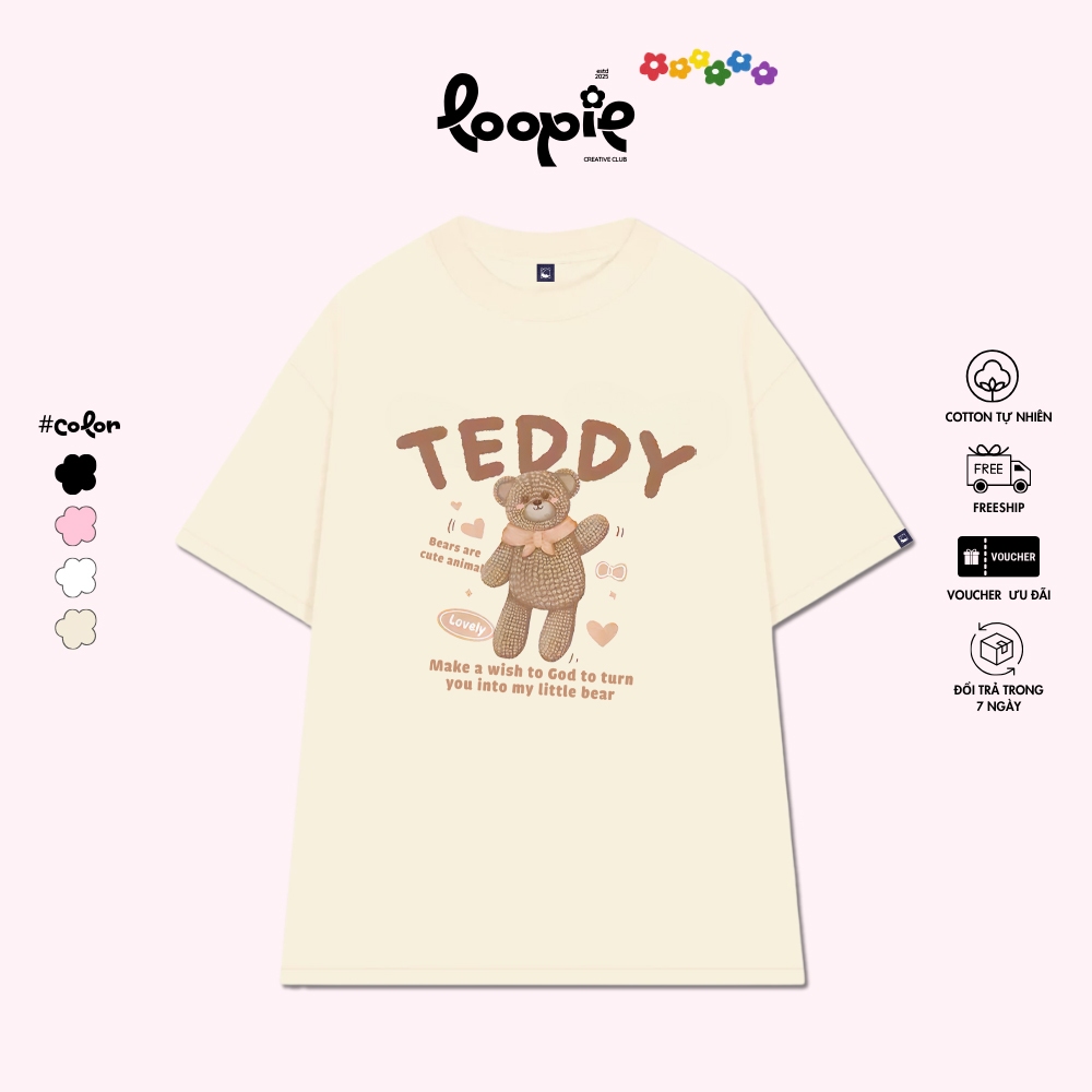 Áo Thun Unisex Form Rộng Tay Lỡ Gấu Teddy Loopie Club BST27| Áo Phông Oversize Nam Nữ Cotton Đi Học 