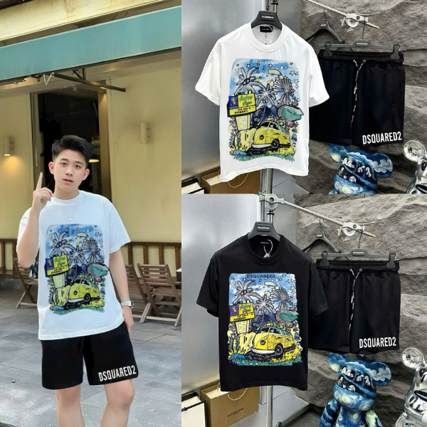 🔥Hot🔥 Bộ đồ nam DSQ cây dừa Đủ Mẫu Full Box - cộc tay mặc hè DSQ phối màu nâu đen in chữ lưới Dsq2