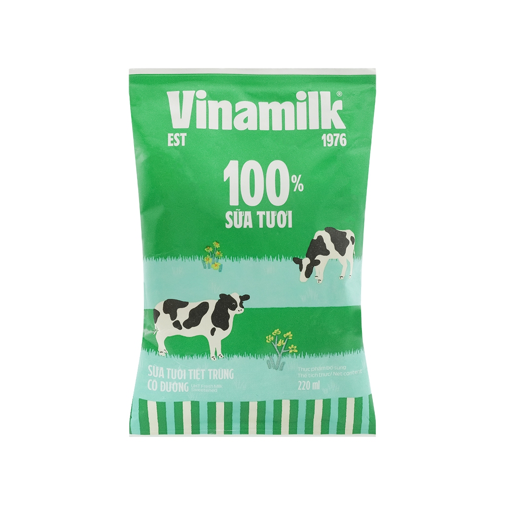 Thùng 48 bịch sữa tươi tiệt trùng có đường Vinamilk 100% Sữa tươi 220ml