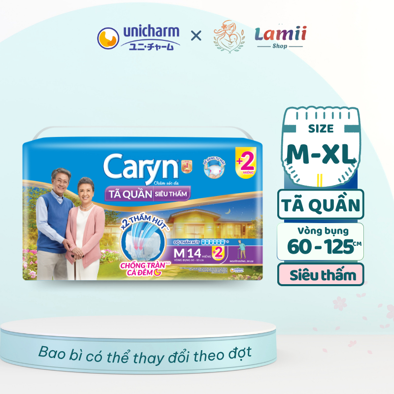 COMBO 3 Bỉm quần CARYN siêu thấm M14 L12 XL10 miếng, bỉm người già chống tràn mềm mại siêu thấm