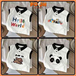 (8–27kg) Áo Sát Nách Cổ Bẻ Phối Đen Cotton 100% | In Hình Siêu Cưng, Phong Cách, Mặc Hè Mát Mẻ Cho Bé Yêu