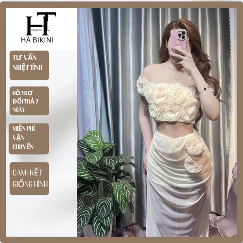 [ BKN 054 ] Set đi biển CAO CẤP thiết kế trễ vai hoa 3D voan phối lưới sang xịn ( có mút) HÀ BIKINI | BigBuy360 - bigbuy360.vn