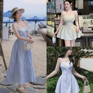 Đầm váy nữ tiểu thư cách điệu đầm lụa sọc xanh 2 dây phối ren trắng cúp ngực có mút đính nơ nút dáng ngắn xòe nhẹ cựxinh