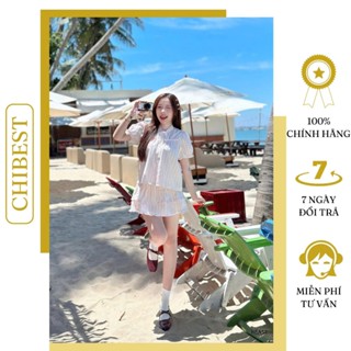 Set chân váy sọc áo cổ nơ ren CHIBEST HSA52