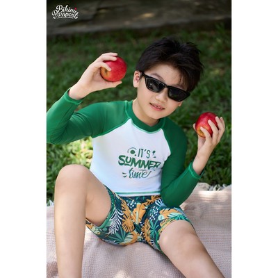 Đồ bơi trẻ em BIKINI PASSPORT kiểu Đồ bơi bé Trai quần lửng, áo dài - màu Xanh Lá họa tiết - KD028_GN