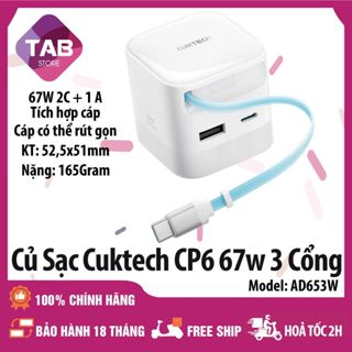 Sạc Cuktech 67w 3 Cổng 2C+1A Tích Hợp Cáp Rút Gọn GAN PD/PPS/QC3+ AD653W Chính Hãng - Bảo Hành 18 Tháng