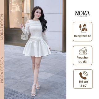  Váy tiểu thư dài tay khoét vai dáng xếp ly xoè ngắn trẻ trung đính hoa eo phù hợp dạo phố đi chơi Medechill N7 