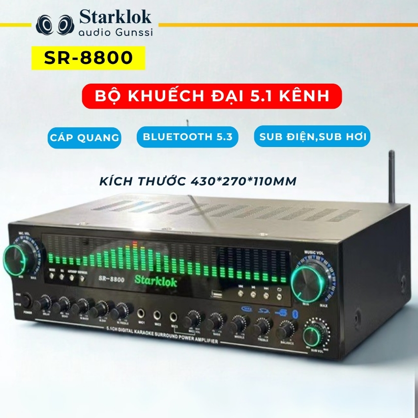 Âm ly karaoke bluetooth STARKLOK SR8800, amply 5.1 công suất lớn 1000W, đánh được sub hơi, amply gia