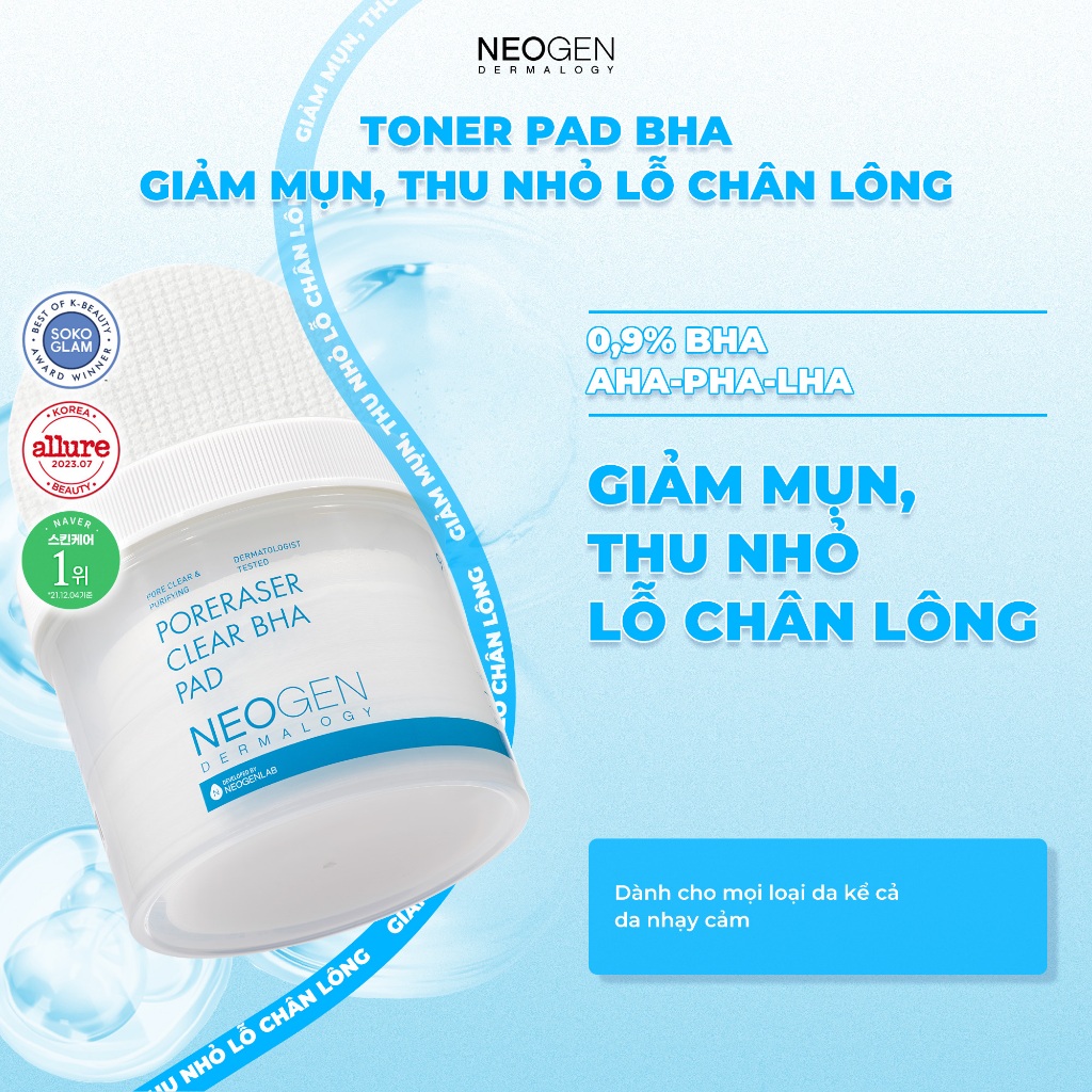 Toner Pad Giảm Mụn, Thu Nhỏ Lỗ Chân Lông Neogen Dermalogy Poreraser Clear BHA Pad 90 miếng