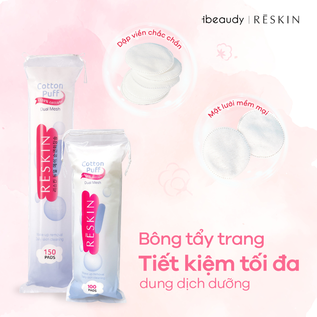Bông tẩy trang 5 lớp đa năng 2 in 1 100% cotton thiên nhiên Reskin Cotton Puff Dual Mesh 150 miếng | BigBuy360 - bigbuy360.vn