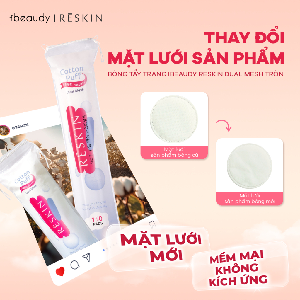 Bông tẩy trang 5 lớp đa năng 2 in 1 100% cotton thiên nhiên Reskin Cotton Puff Dual Mesh 150 miếng | BigBuy360 - bigbuy360.vn