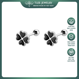 Khuyên tai bạc nữ TLEE, bông tai cỏ bốn lá sơn đen chốt ren bi xinh xắn TLEE JEWELRY B0472