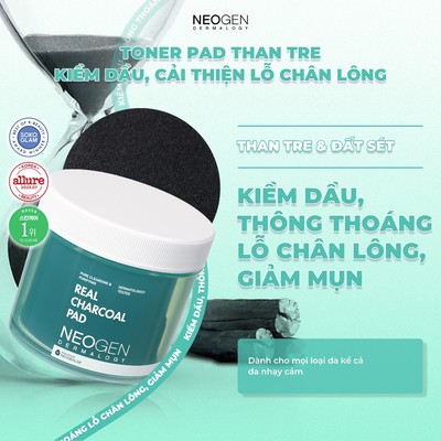 Toner Pad Than Tre Kiềm Dầu, Giảm Mụn Neogen Dermalogy Real Charcoal 60 miếng