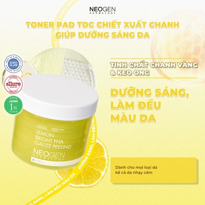 Toner Pad Tẩy Da Chết Chanh Dưỡng Trắng, Đều Màu Da Neogen Dermalogy Lemon Bight PHA Gauze Peeling 30miếng