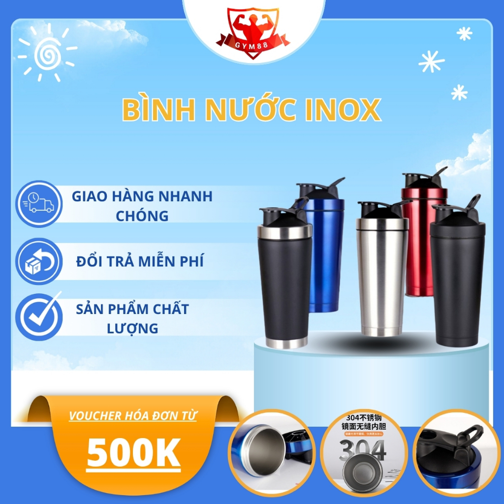 Bình Lắc Shaker Gym Inox 304 – Bình Lắc Whey Tập Gym – 600ml – Nắp Khóa Chống Tràn – Thiết Kế Gymsha