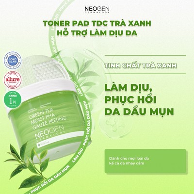 Toner Pad Tẩy Tế Bào Chết Trà Xanh Làm Dịu và Phục Hồi Da Dầu Mụn Neogen Dermalogy PHA Gauze Peeling 30 Miếng