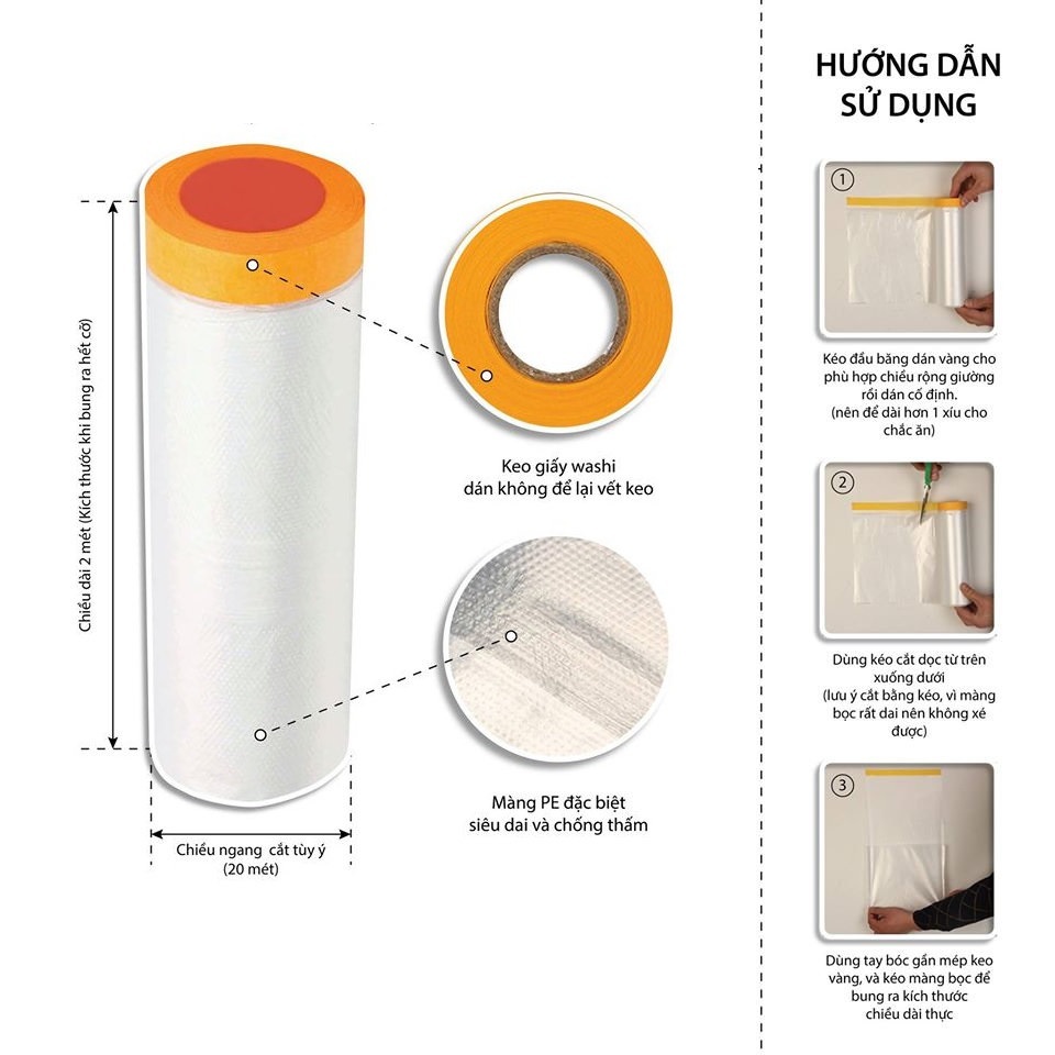 5c Màng Bọc Nilon Che Chắn Bụi Đa Năng Có Băng Dính 1 Đầu–Màng PE Che Sơn, nội thất, ô tô, xe máy