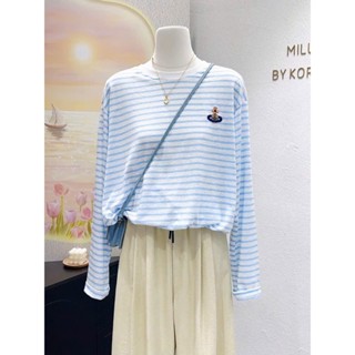 Áo thun nữ tay dài kẻ sọc Vintage Thu Đông 2025, Áo dài tay nữ in hình ALICEVN, Chất thun xượt mềm mịn mặc thoải mái