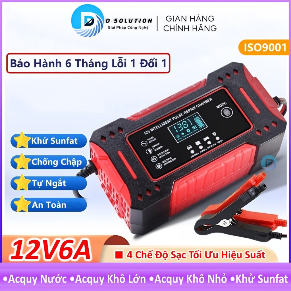 Sạc Bình Ắc Quy 12V6A Từ 2Ah-100Ah BLQ Cho Ô Tô Xe Máy Tự Ngắt Có Khử Sunfat Bảo Dưỡng Phục Hồi Acquy