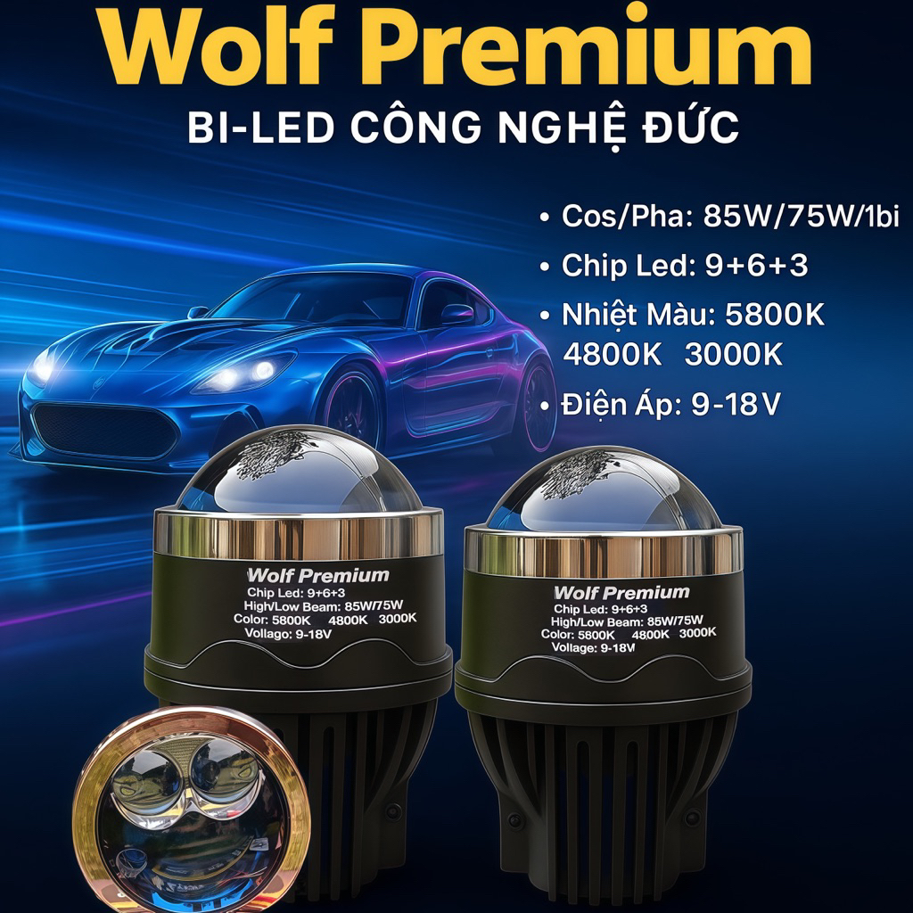  Bi gầm Mắt Ếch ô tô WOLF PREMIUM c s 170w cặp 85w bi 3màu chống hấp nước pha lazer  bảo hành 30 tháng  