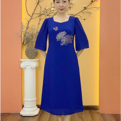 Đầm suông - Cổ vuông tim ép đá tay lỡ - Xanh coban - TTV1905