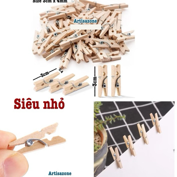 Kẹp gỗ trơn siêu bé kèm dây - Combo 50 chiếc